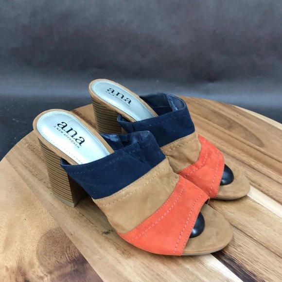 a.n.a Tri Color Faux Suede Peep Toe Mules Slip On Block Heel Shoes Womens Size 6 - Picture 1 of 8
